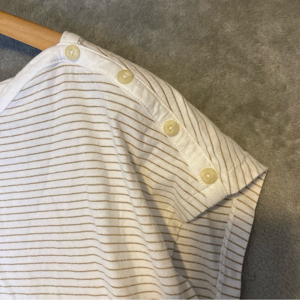 Liz Claiborne White Cap Sleeve Tee with Metallic Gold Stripes & Button Accents - Picture 6 of 11